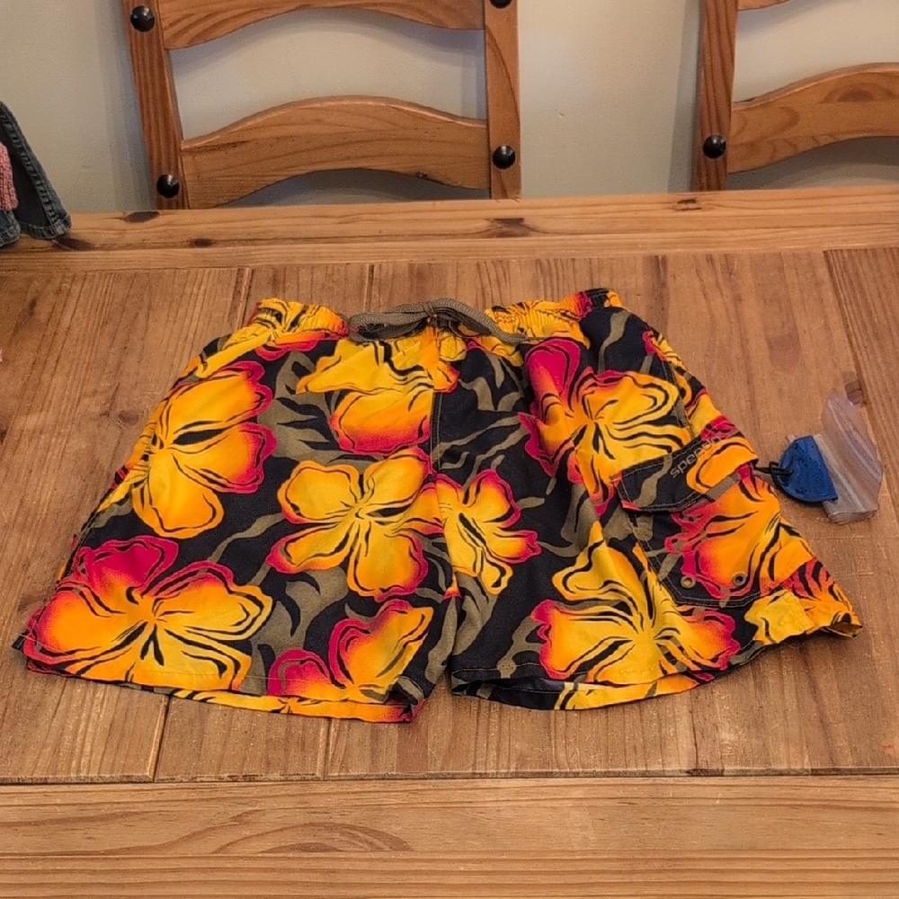 Men's Speedo Red/Yellow/Orange/Green/Black Floral Print Swim Trunks, Medium